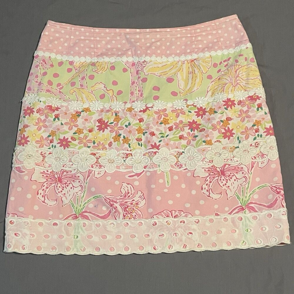 Lilly Pulitzer Womens 6 Pink Floral Mini Skirt Lace Trim Eyelet Hem Boho Preppy
